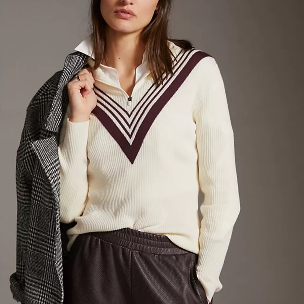 Sweaty Betty Merino Wool Cream and Burgundy V-Neck Sweater Large Zip Top